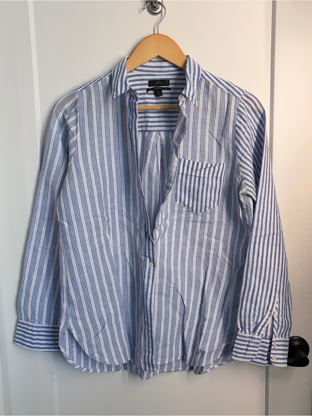 J. Crew Blue and White Stripe Classic Button-Down Shirt - Linen Cotton Blend